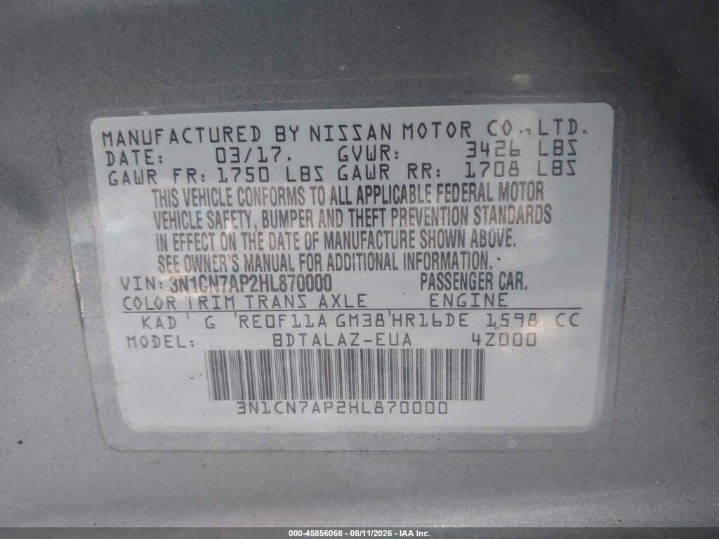 3N1CN7AP2HL870000 2017 NISSAN VERSA photo no. 9