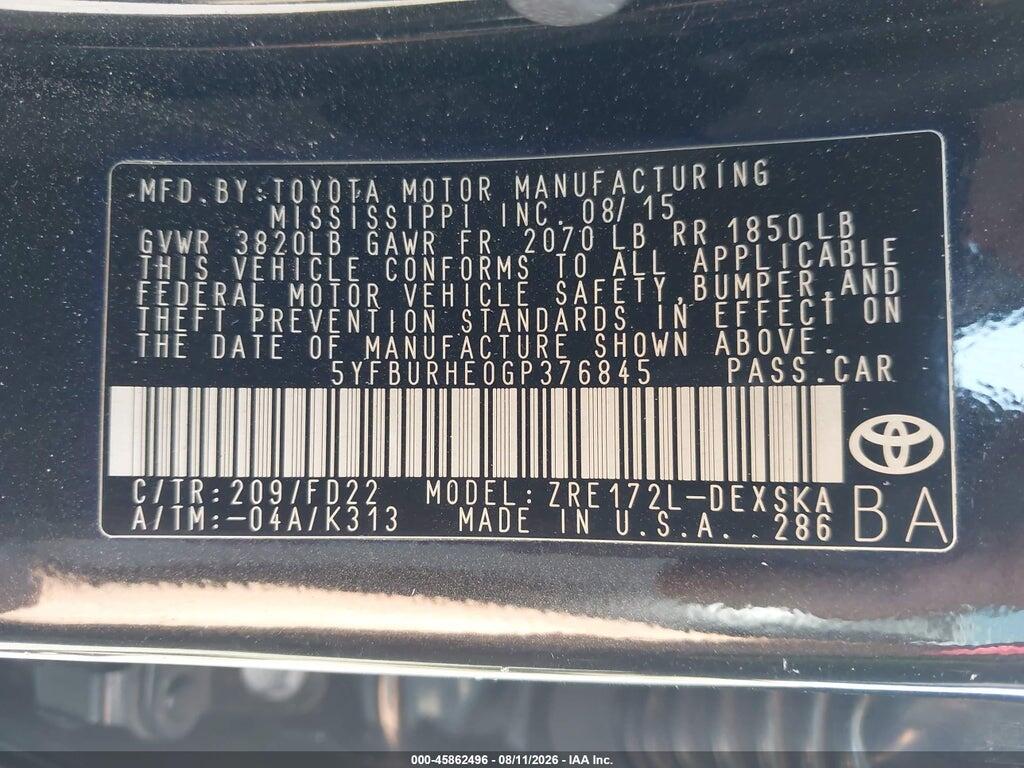 5YFBURHE0GP376845 2016 TOYOTA COROLLA photo no. 9