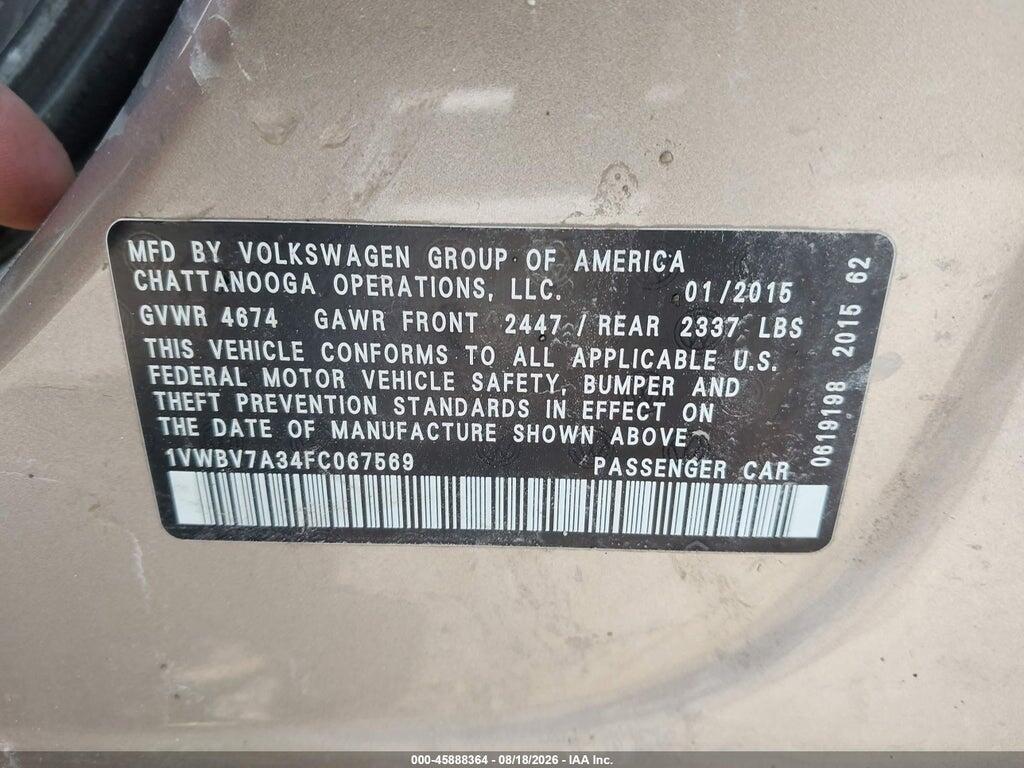 1VWBV7A34FC067569 2015 VOLKSWAGEN PASSAT photo no. 9
