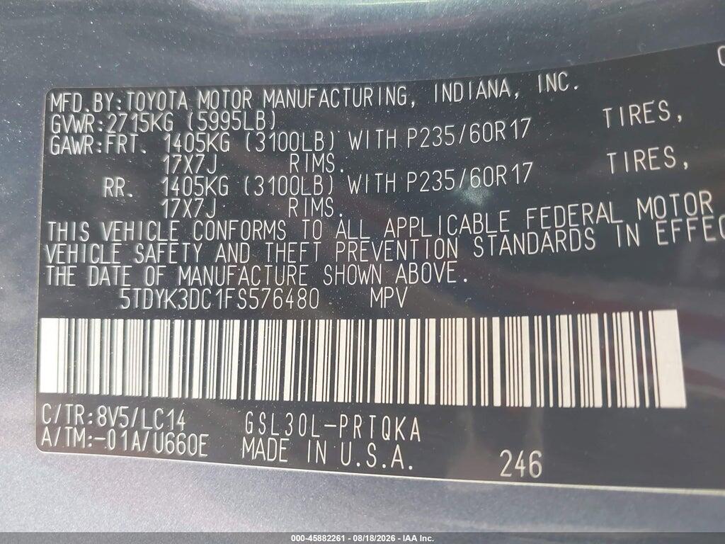 5TDYK3DC1FS576480 2015 TOYOTA SIENNA photo no. 9