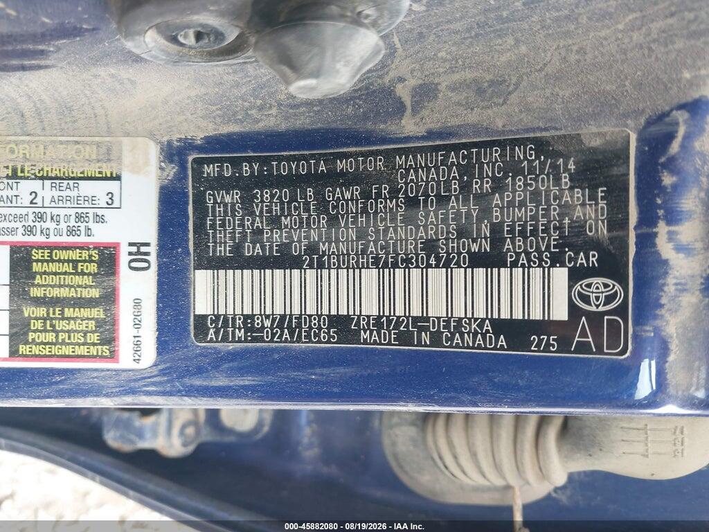 2T1BURHE7FC304720 2015 TOYOTA COROLLA photo no. 9