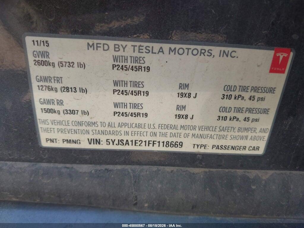 5YJSA1E21FF118669 2015 TESLA MODEL S photo no. 9