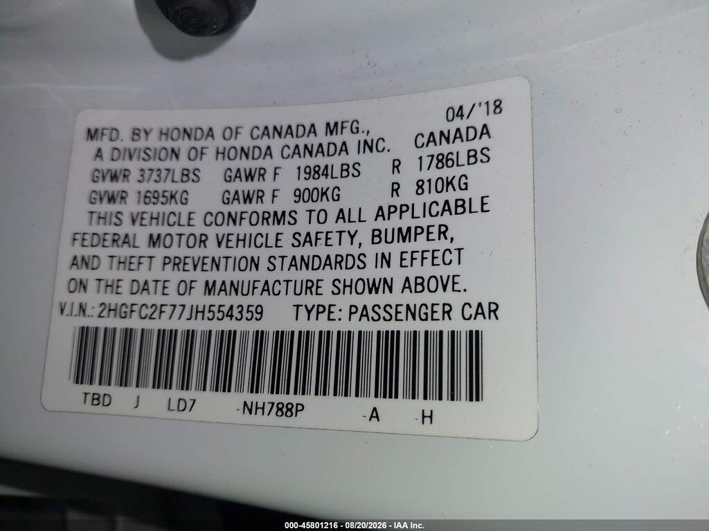 2HGFC2F77JH554359 2018 HONDA CIVIC photo no. 9