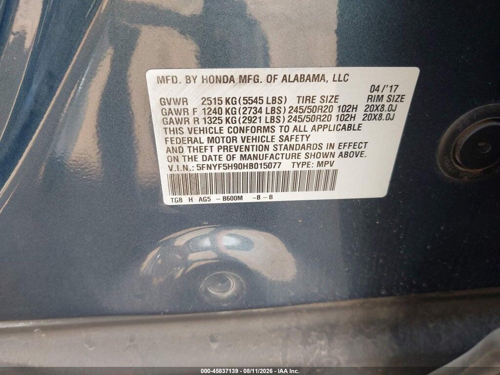 5FNYF5H90HB015077 2017 HONDA PILOT photo no. 9