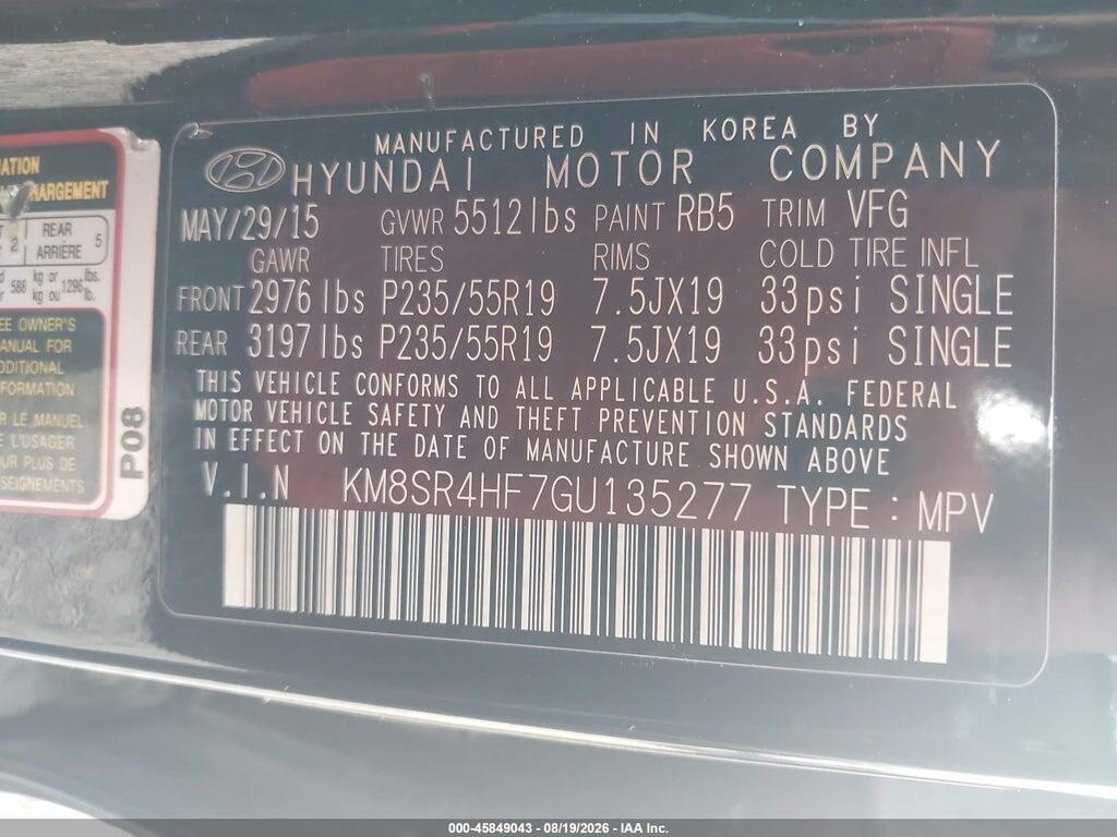 KM8SR4HF7GU135277 2016 HYUNDAI SANTA FE photo no. 9