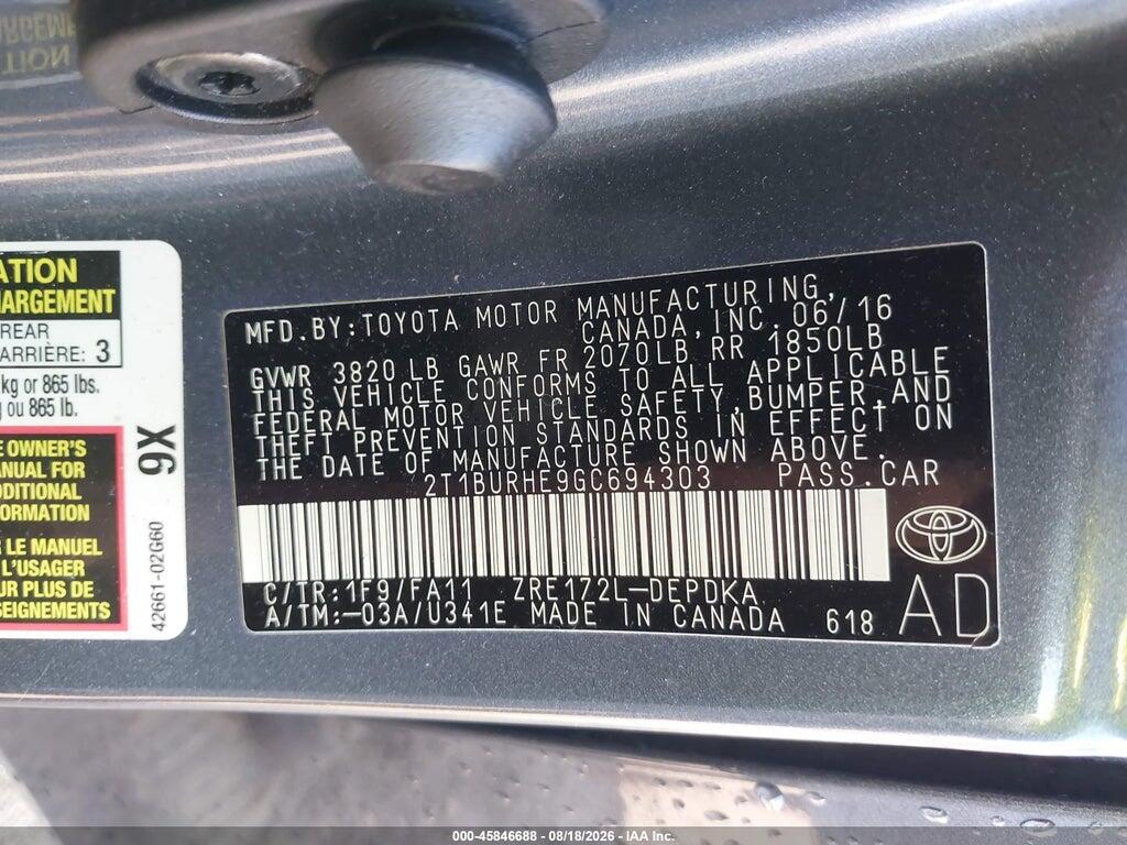 2T1BURHE9GC694303 2016 TOYOTA COROLLA photo no. 9