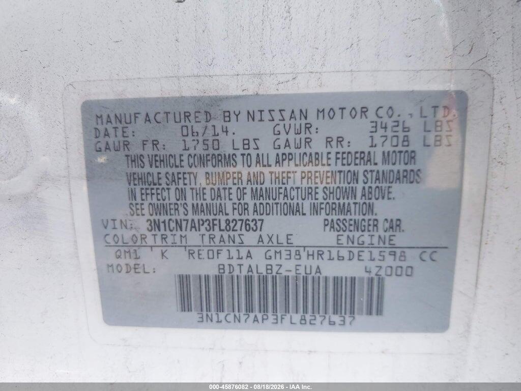 3N1CN7AP3FL827637 2015 NISSAN VERSA photo no. 9