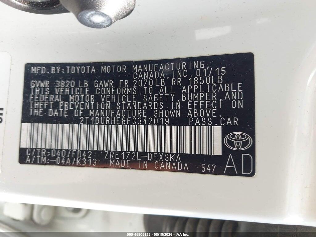 2T1BURHE8FC342019 2015 TOYOTA COROLLA photo no. 9