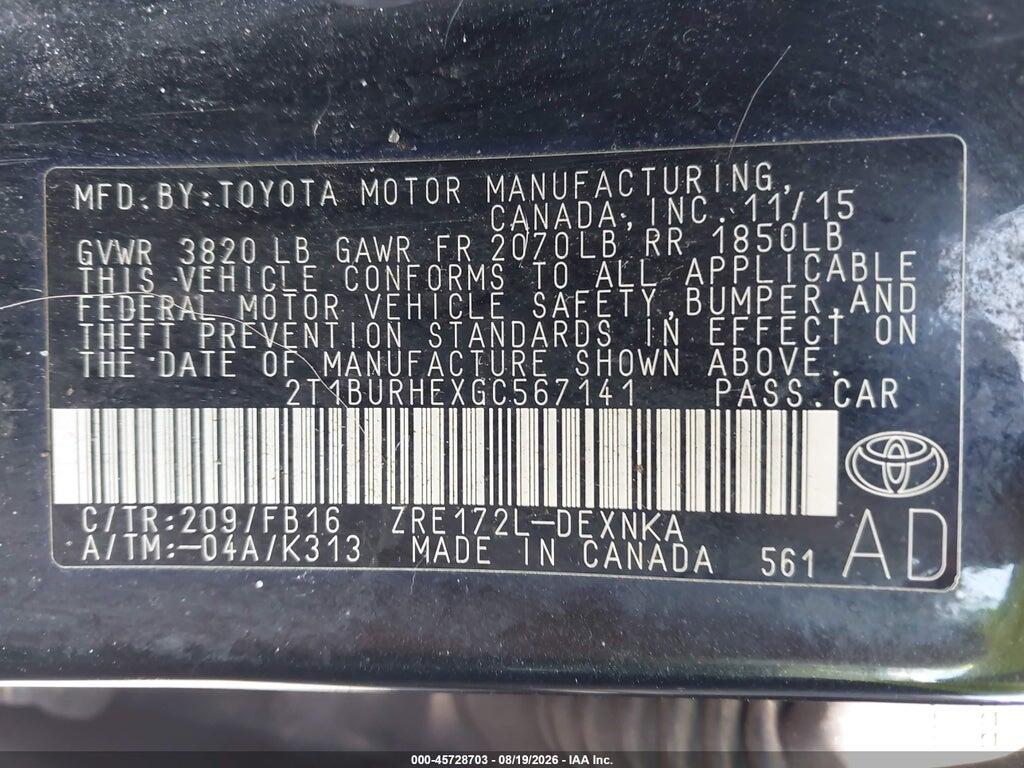 2T1BURHEXGC567141 2016 TOYOTA COROLLA photo no. 9