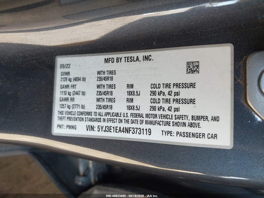 5YJ3E1EA4NF373119 2022 TESLA MODEL 3 photo no. 9