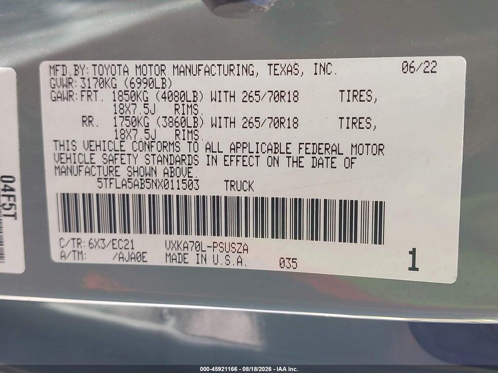 5TFLA5AB5NX011503 2022 TOYOTA TUNDRA photo no. 9