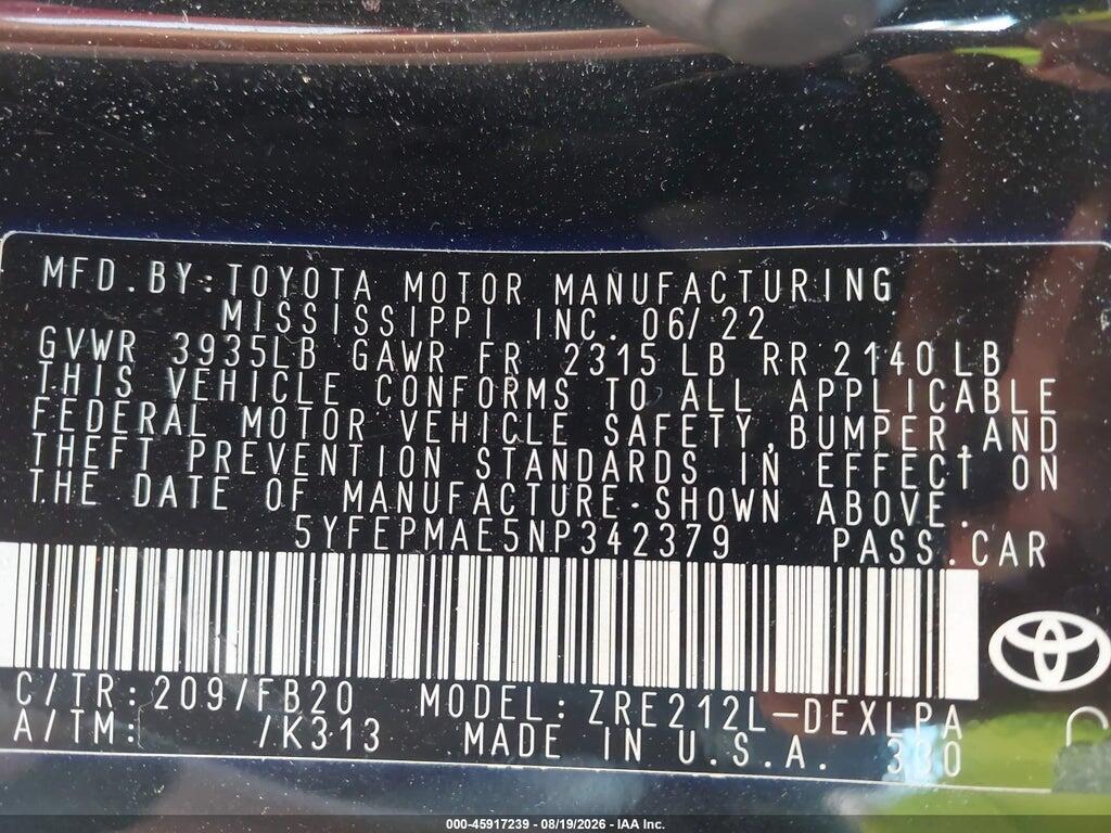 5YFEPMAE5NP342379 2022 TOYOTA COROLLA photo no. 9