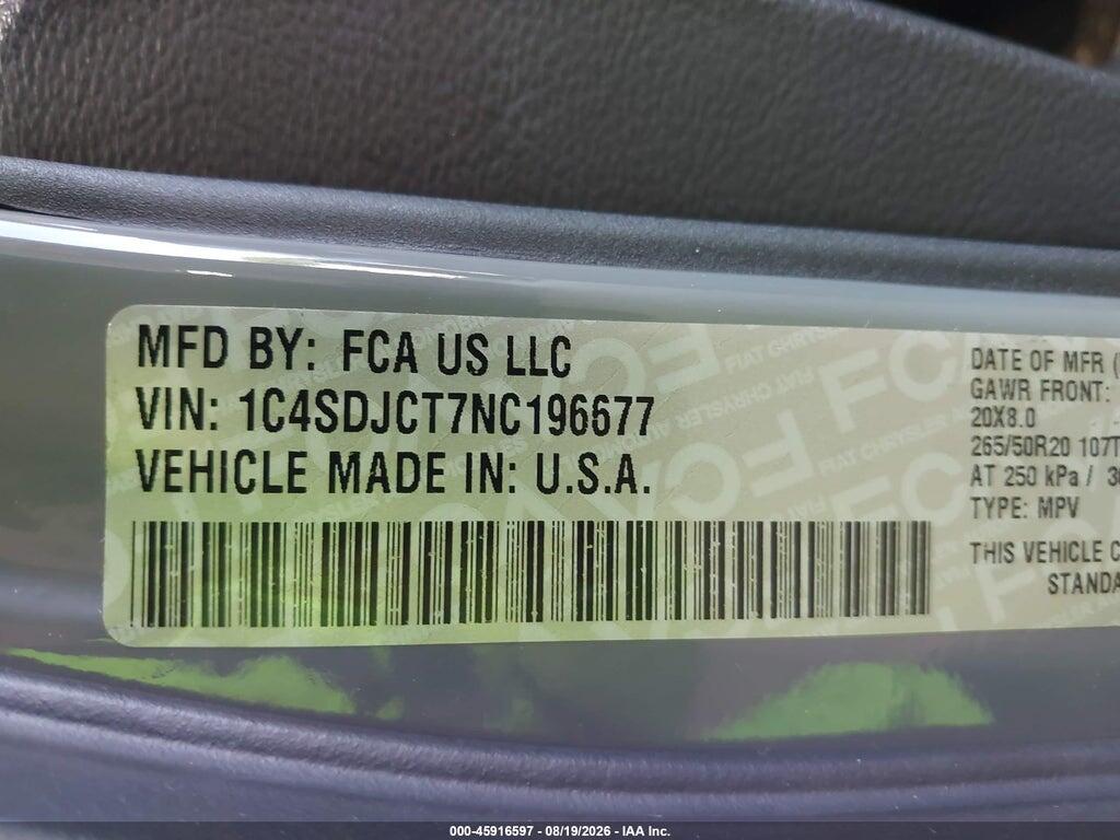 1C4SDJCT7NC196677 2022 DODGE DURANGO photo no. 9