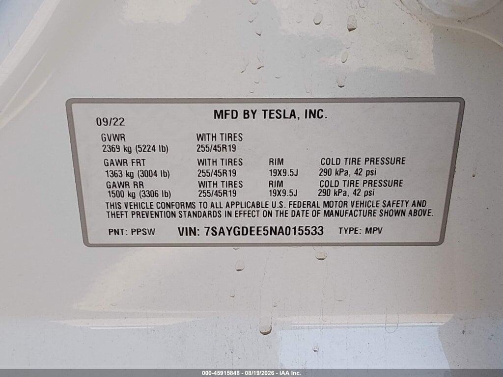 7SAYGDEE5NA015533 2022 TESLA MODEL Y photo no. 9