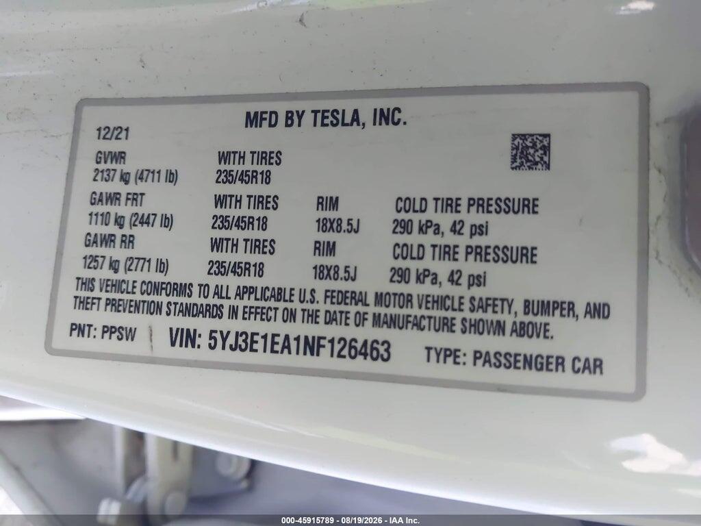 5YJ3E1EA1NF126463 2022 TESLA MODEL 3 photo no. 9
