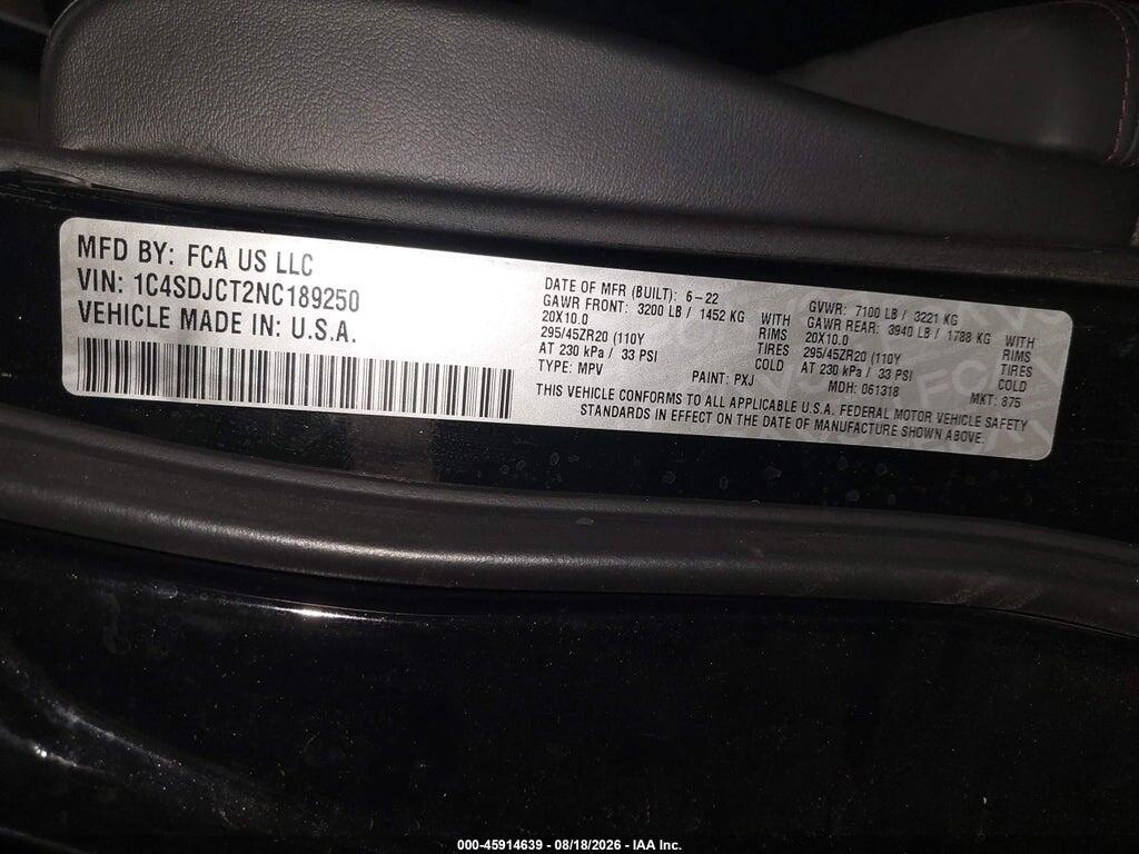 1C4SDJCT2NC189250 2022 DODGE DURANGO photo no. 9