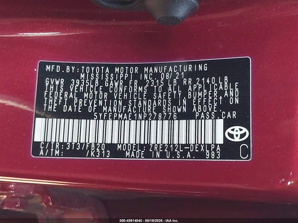 5YFEPMAE1NP278776 2022 TOYOTA COROLLA photo no. 9