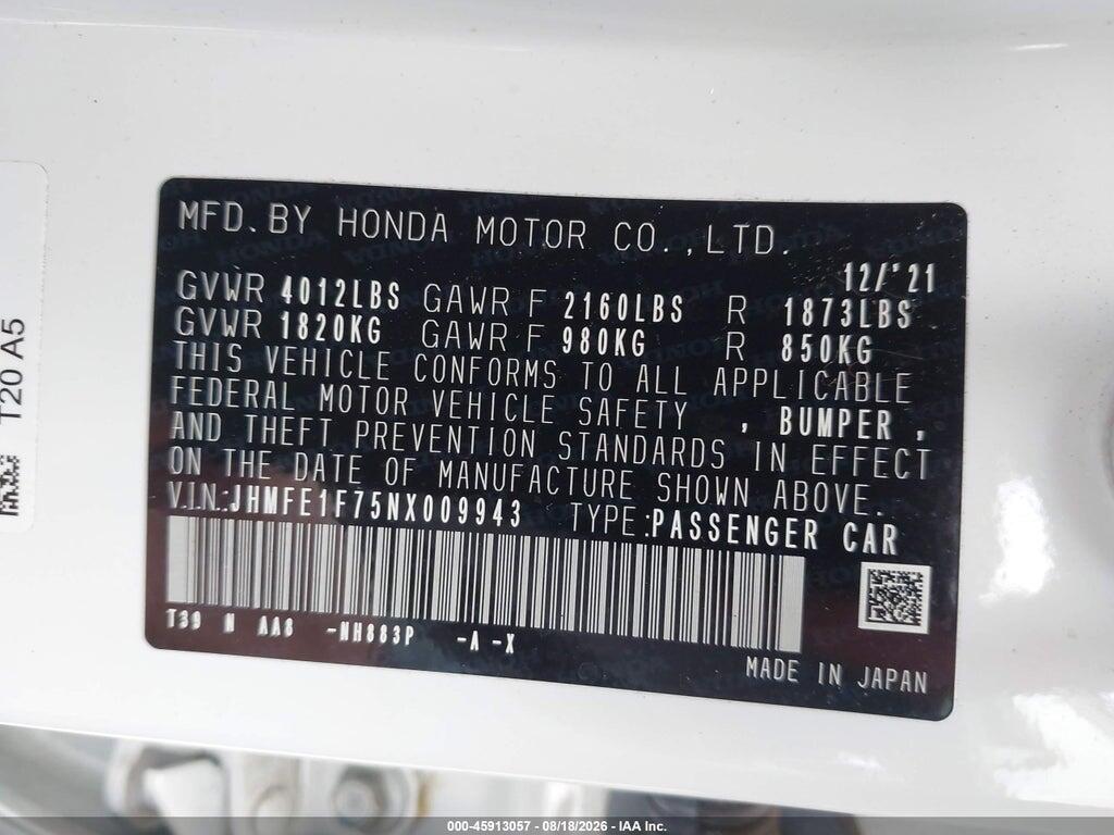JHMFE1F75NX009943 2022 HONDA CIVIC photo no. 9