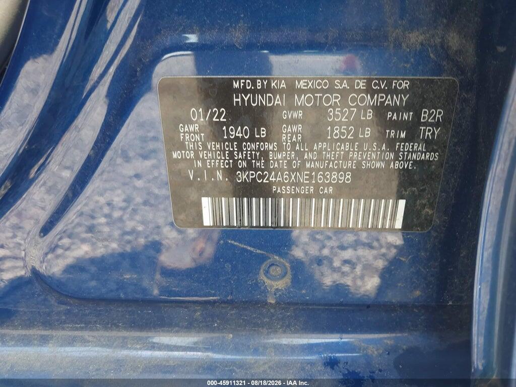 3KPC24A6XNE163898 2022 HYUNDAI ACCENT photo no. 9