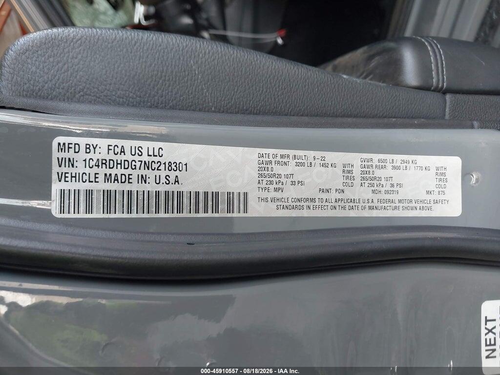 1C4RDHDG7NC218301 2022 DODGE DURANGO photo no. 9