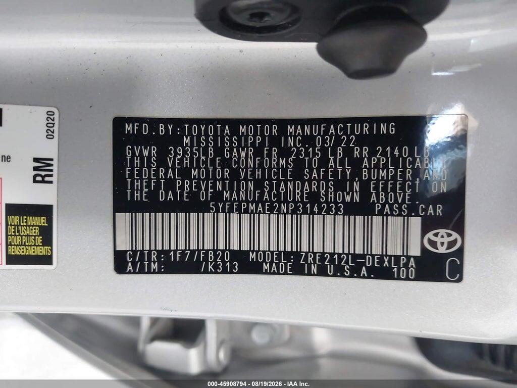 5YFEPMAE2NP314233 2022 TOYOTA COROLLA photo no. 9