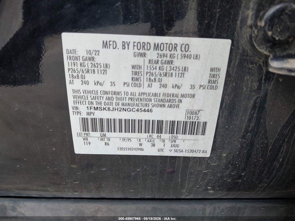 1FMSK8JH2NGC45446 2022 FORD EXPLORER photo no. 9