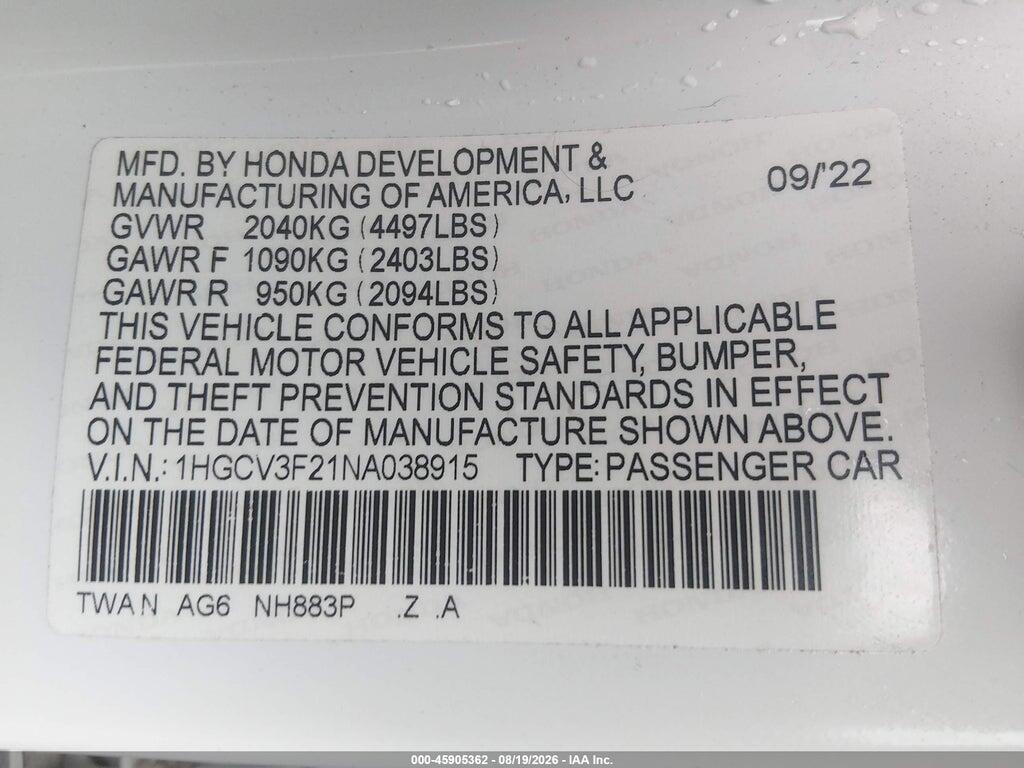 1HGCV3F21NA038915 2022 HONDA ACCORD HYBRID photo no. 9
