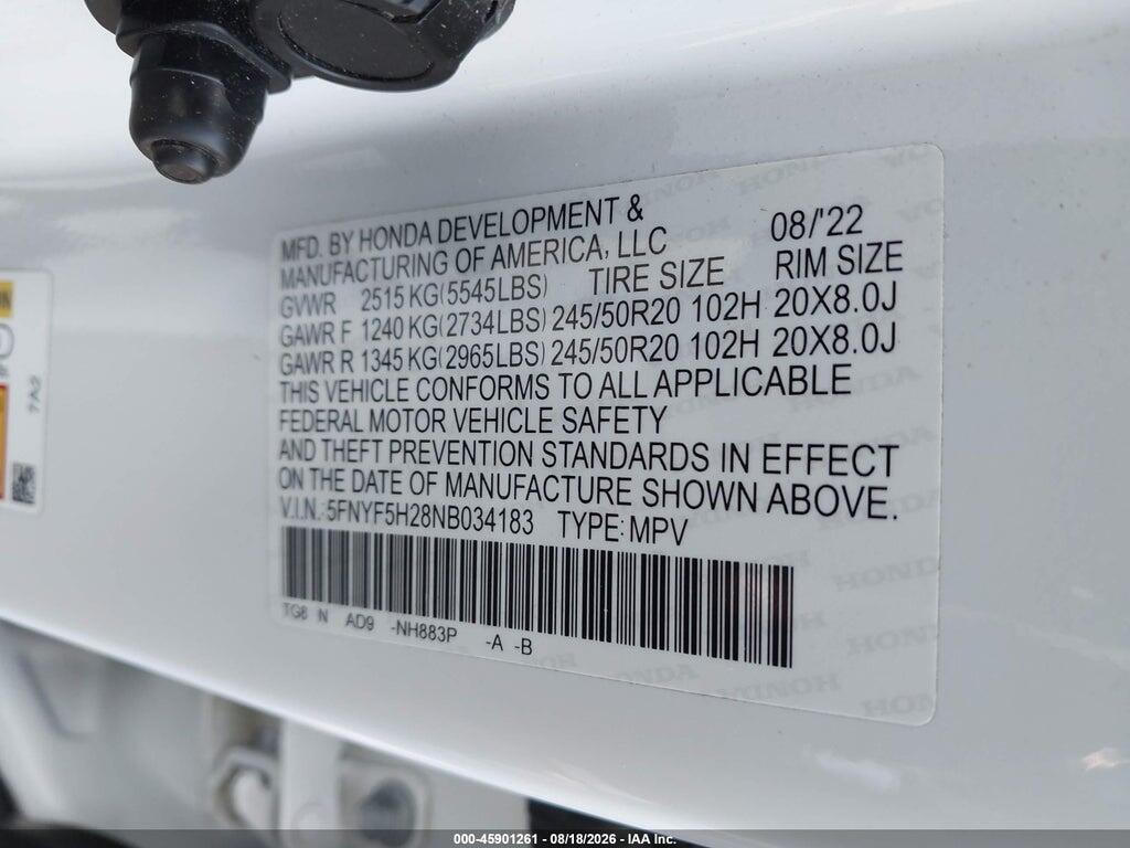 5FNYF5H28NB034183 2022 HONDA PILOT photo no. 9