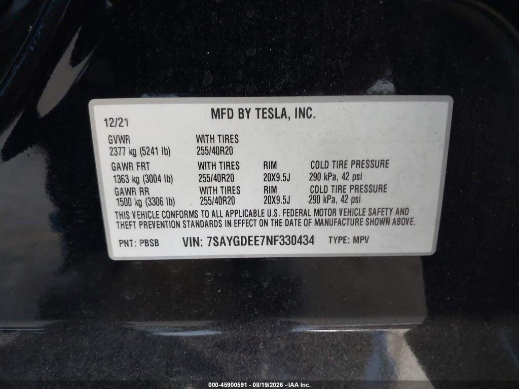 7SAYGDEE7NF330434 2022 TESLA MODEL Y photo no. 9