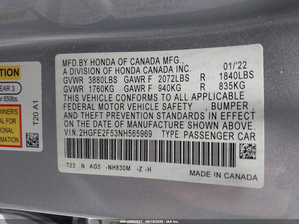 2HGFE2F53NH565969 2022 HONDA CIVIC photo no. 9