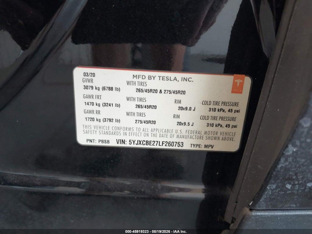 5YJXCBE27LF260753 2020 TESLA MODEL X photo no. 9