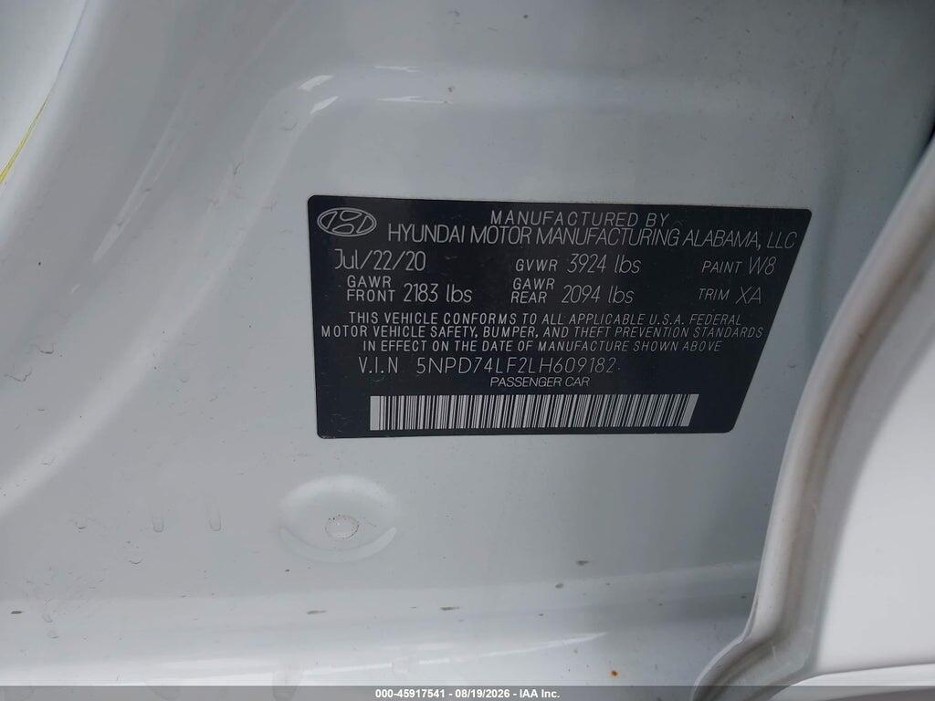 5NPD74LF2LH609182 2020 HYUNDAI ELANTRA photo no. 9