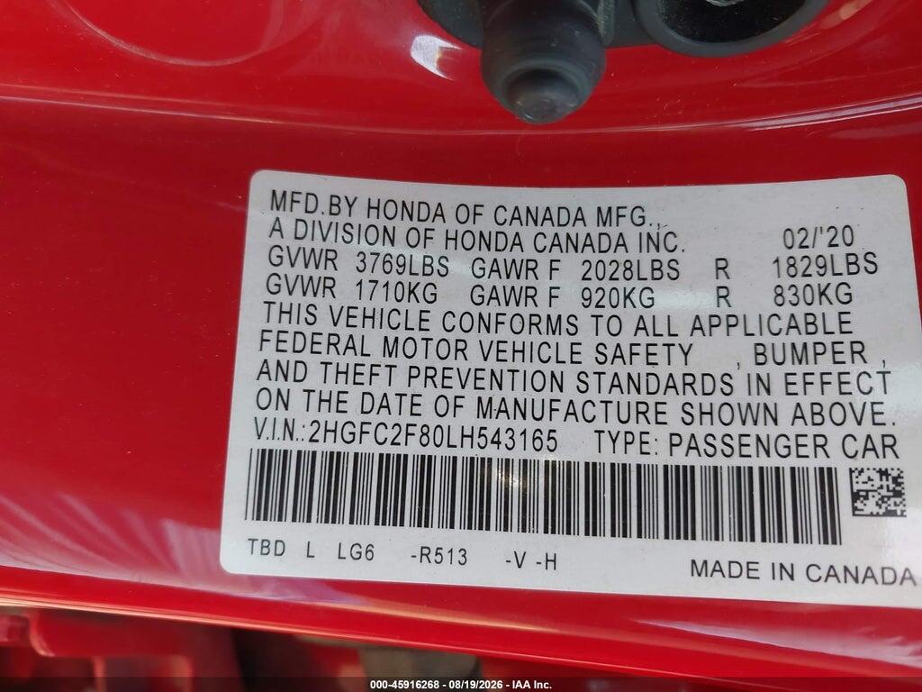 2HGFC2F80LH543165 2020 HONDA CIVIC photo no. 9