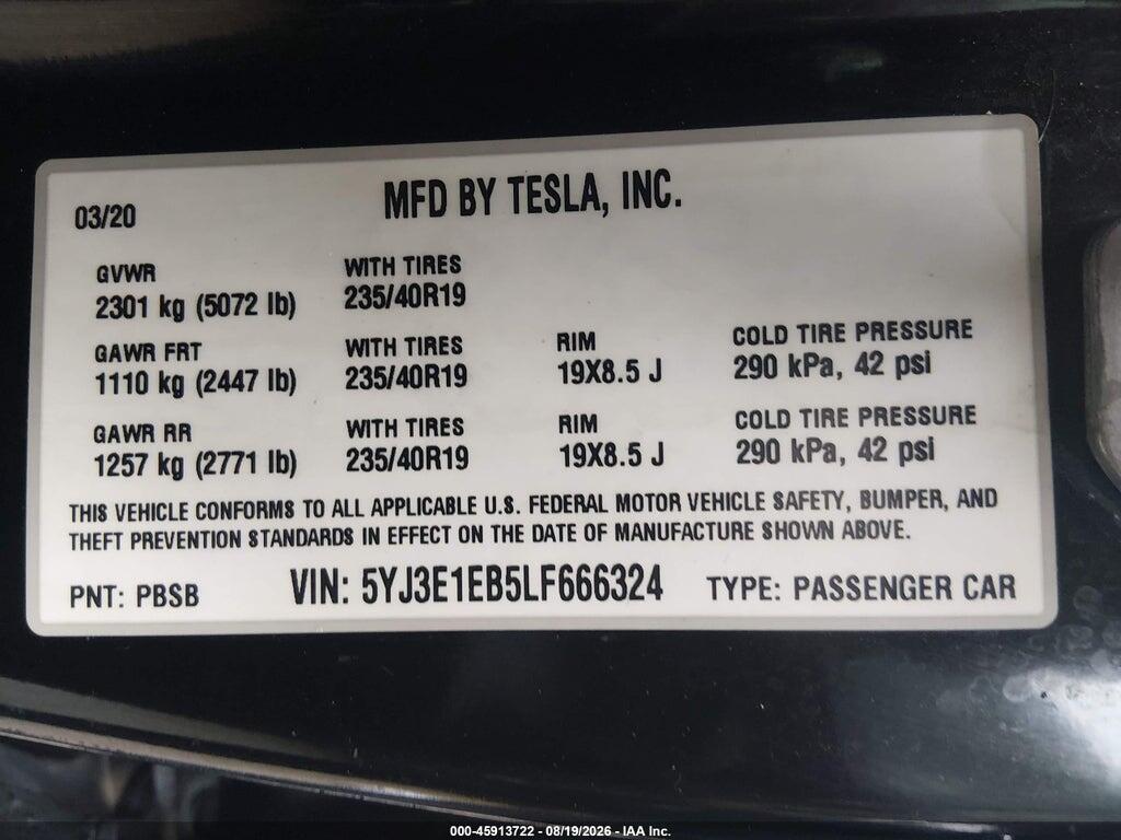 5YJ3E1EB5LF666324 2020 TESLA MODEL 3 photo no. 9