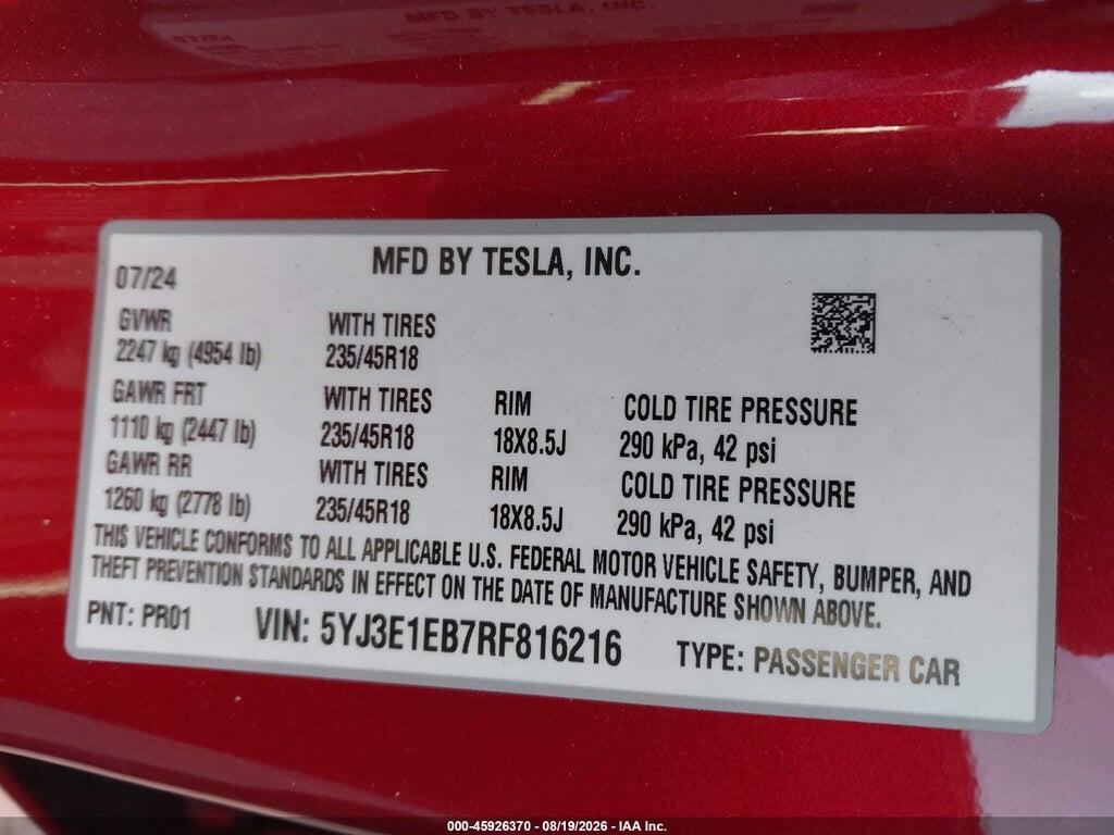 5YJ3E1EB7RF816216 2024 TESLA MODEL 3 photo no. 9