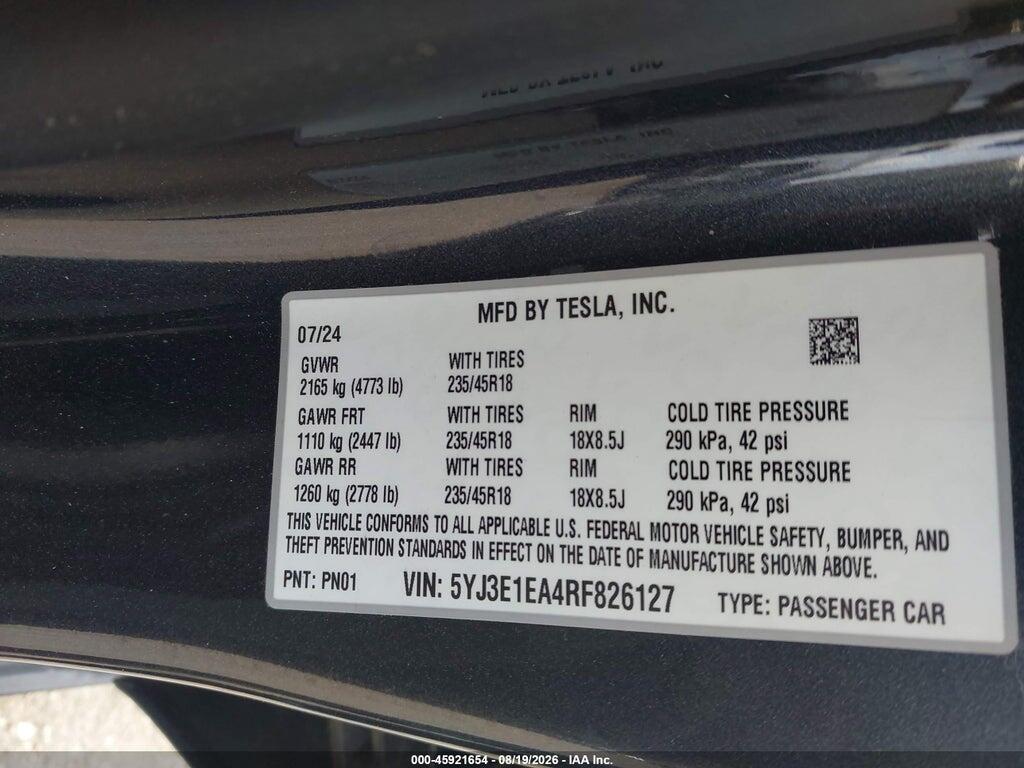 5YJ3E1EA4RF826127 2024 TESLA MODEL 3 photo no. 9