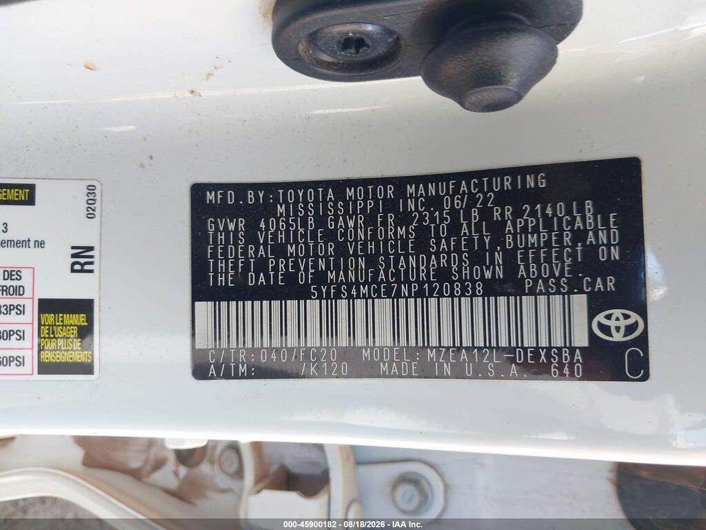 5YFS4MCE7NP120838 2022 TOYOTA COROLLA photo no. 9