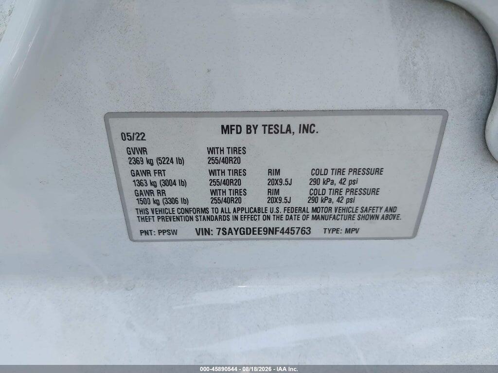 7SAYGDEE9NF445763 2022 TESLA MODEL Y photo no. 9