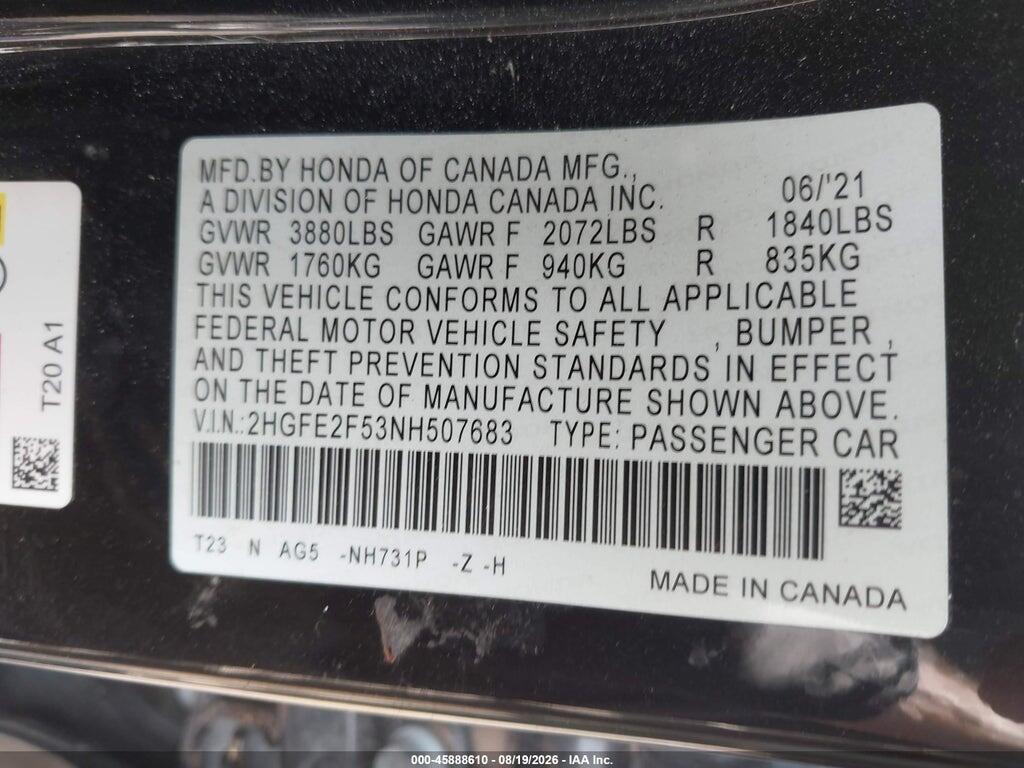 2HGFE2F53NH507683 2022 HONDA CIVIC photo no. 9