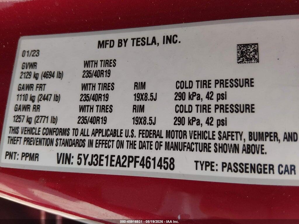 5YJ3E1EA2PF461458 2023 TESLA MODEL 3 photo no. 9
