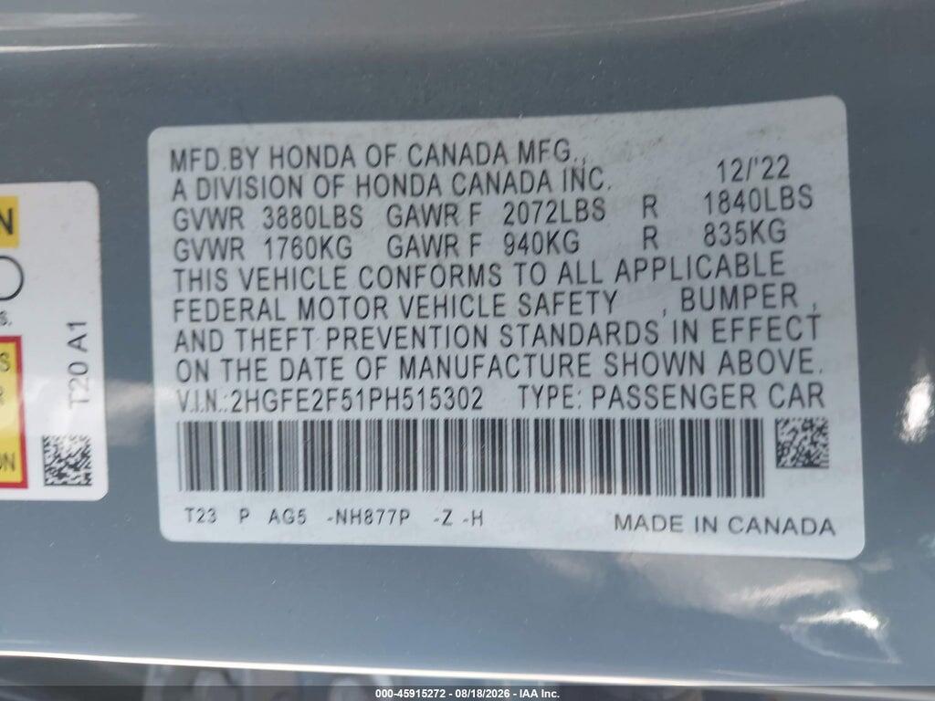 2HGFE2F51PH515302 2023 HONDA CIVIC photo no. 9