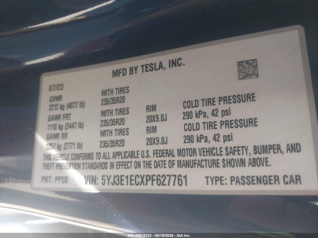 5YJ3E1ECXPF627761 2023 TESLA MODEL 3 photo no. 9