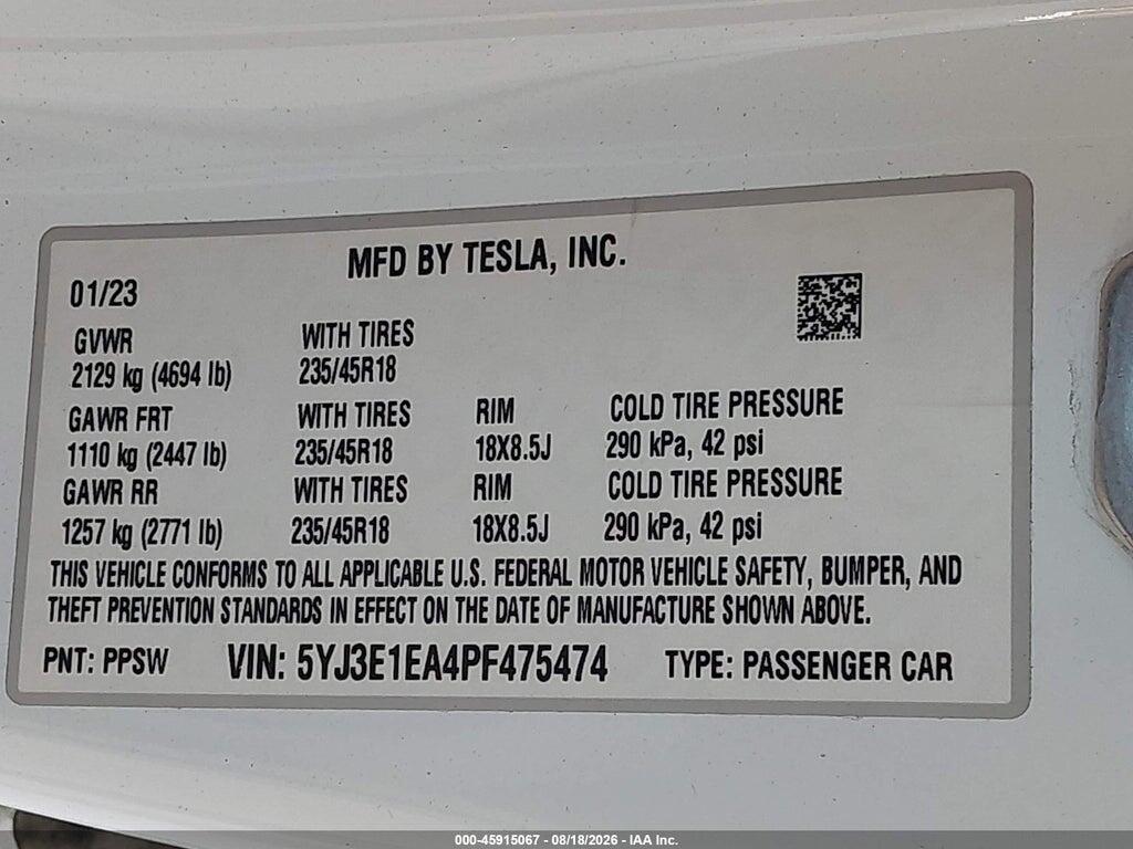5YJ3E1EA4PF475474 2023 TESLA MODEL 3 photo no. 9