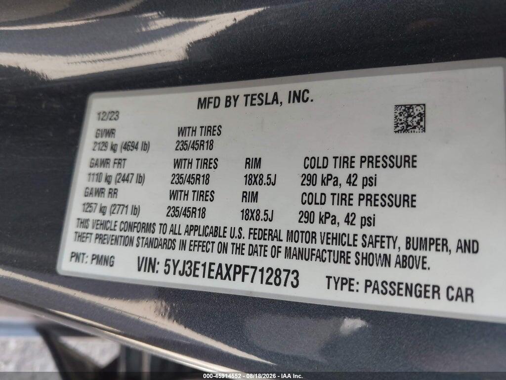 5YJ3E1EAXPF712873 2023 TESLA MODEL 3 photo no. 9