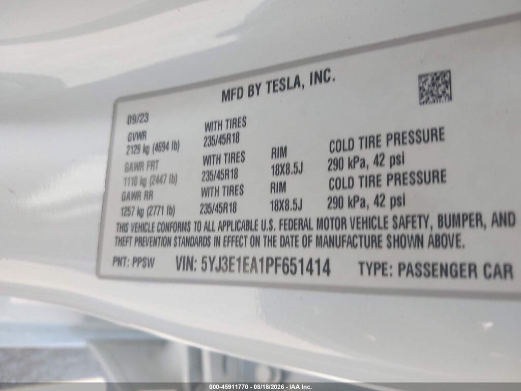 5YJ3E1EA1PF651414 2023 TESLA MODEL 3 photo no. 9