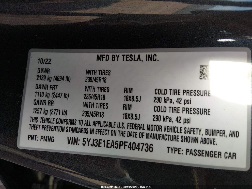5YJ3E1EA5PF404736 2023 TESLA MODEL 3 photo no. 9