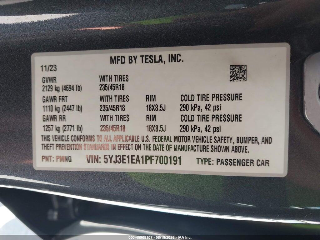 5YJ3E1EA1PF700191 2023 TESLA MODEL 3 photo no. 9