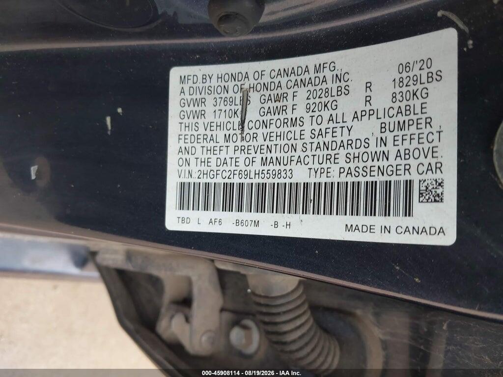 2HGFC2F69LH559833 2020 HONDA CIVIC photo no. 9