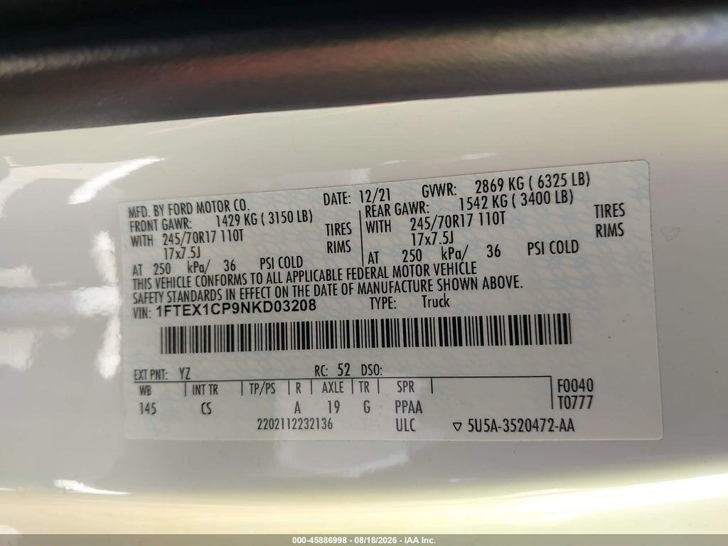 1FTEX1CP9NKD03208 2022 FORD F-150 photo no. 9