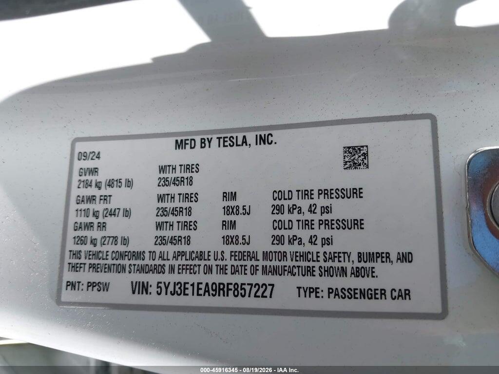 5YJ3E1EA9RF857227 2024 TESLA MODEL 3 photo no. 9